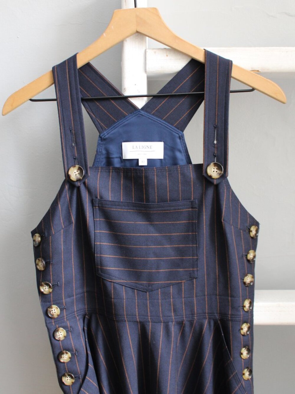 La Ligne New York Medium Navy Genevieve Classic Pinstripe Mid-Length Dress sz XS - Picture 3 of 5
